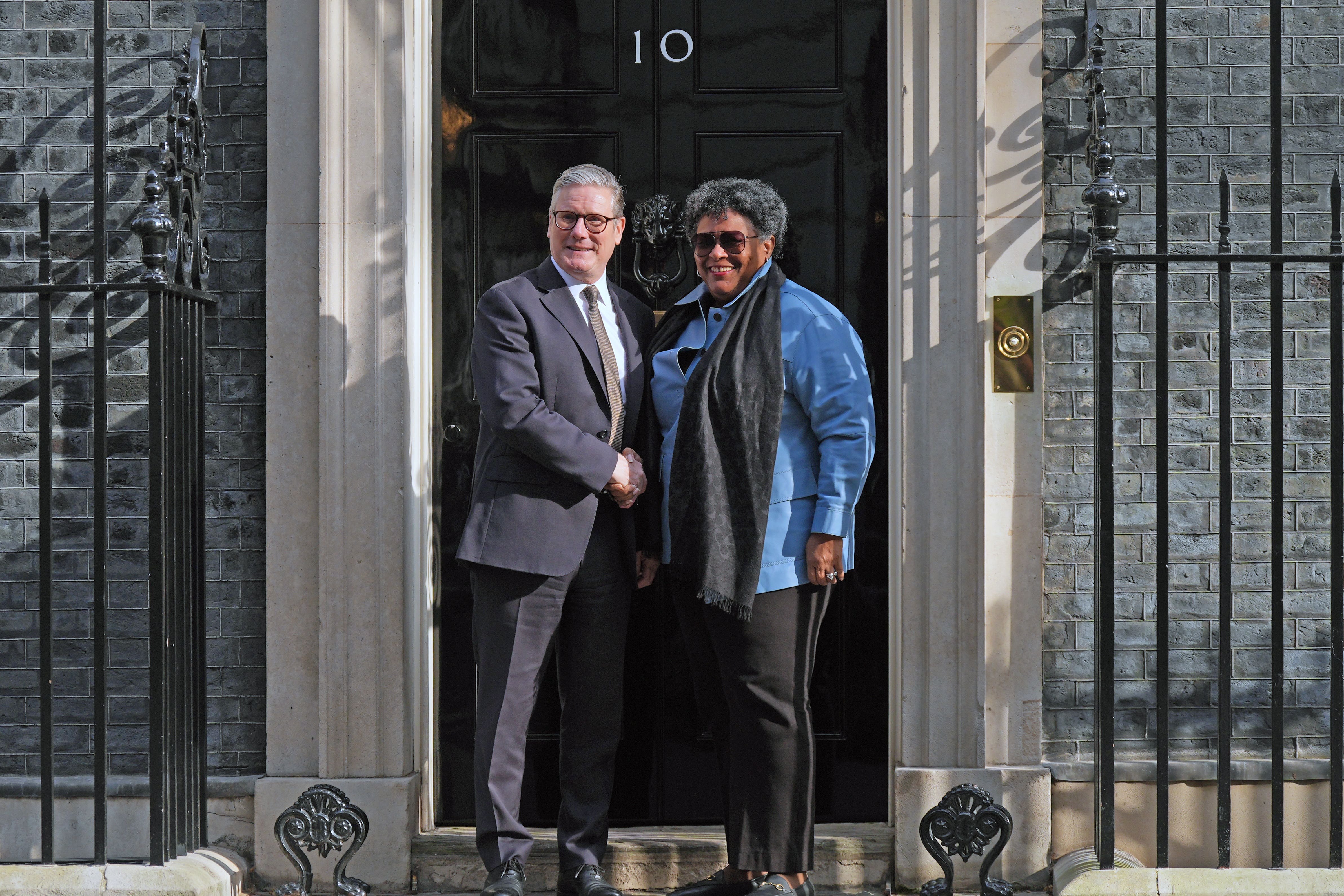 Prime Minister Sir Keir Starmer welcomes the Prime Minister of Barbados Mia Mottley to Downing Street, London, ahead of bilateral talks (Yui Mok/PA)