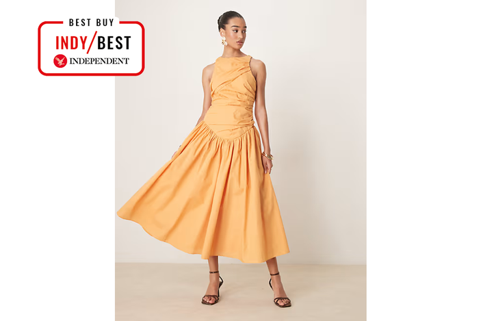 Best wedding guest dress Indybest review Asos Design structured ruched full skirt maxi dress in apricot