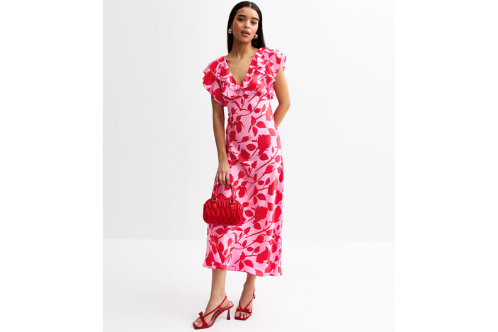 Best wedding guest dress IndyBest review New Look pink satin floral print ruffle trim midi dress