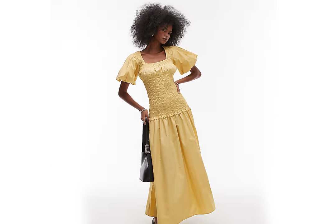 Best wedding guest dress Indybest review Topshop puff sleeve square neck shirred maxi dress in buttermilk