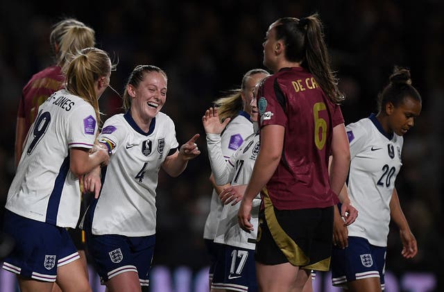 <p>Walsh celebrates scoring her first England goal in the 5-0 win over Belgium</p>