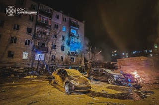 Firefighters put out the fire following Russia's drone attack in Kharkiv, Ukraine, Thursday, 3 April 2025