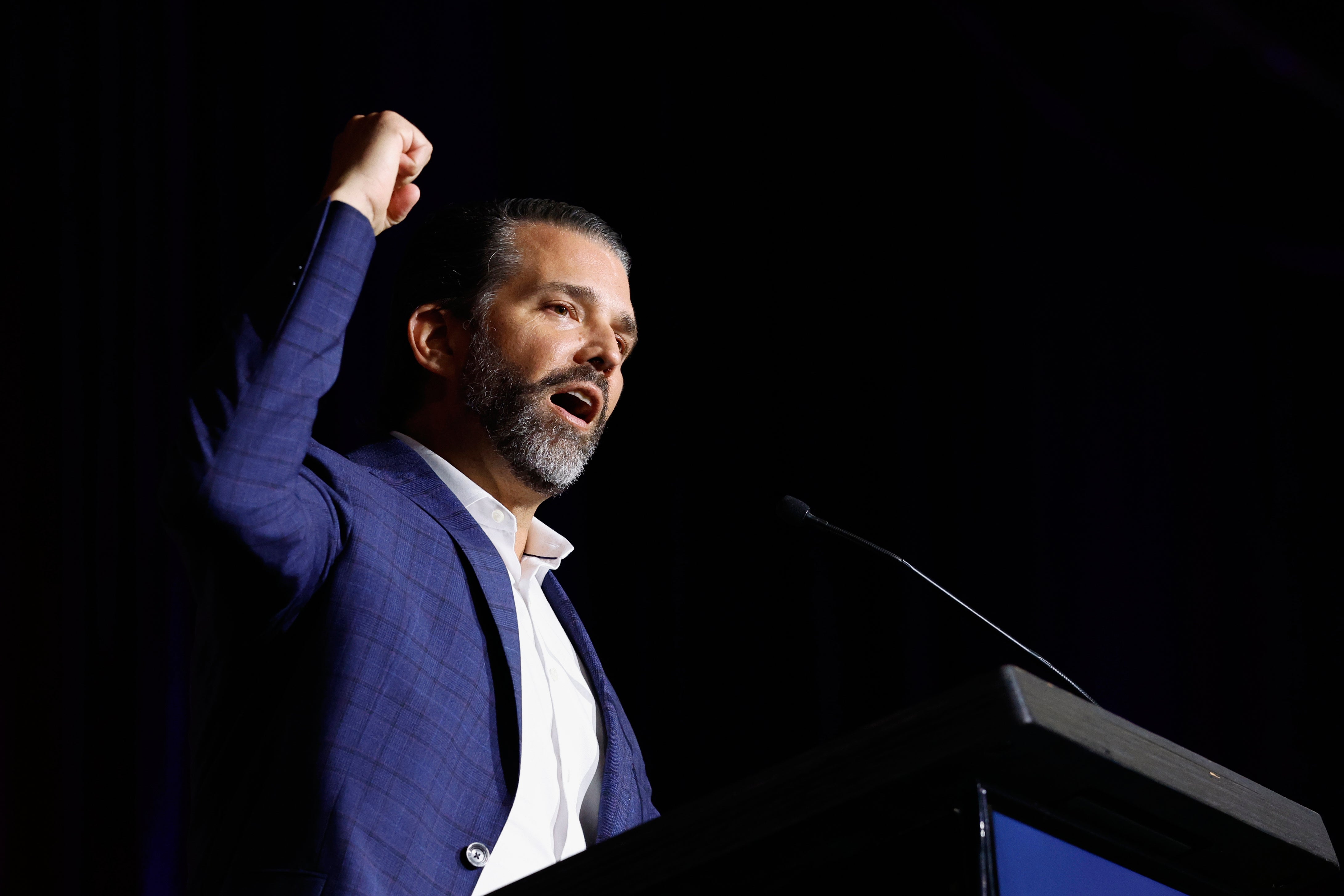 Donald Trump Jr. speaks at the Alabama Republican Party's Trump Victory Celebration, Thursday, April 3, 2025