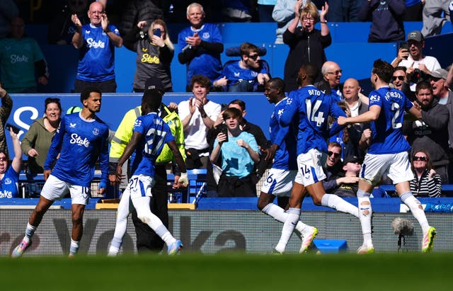 <p>Everton’s Iliman Ndiaye (left) celebrates scoring</p>
