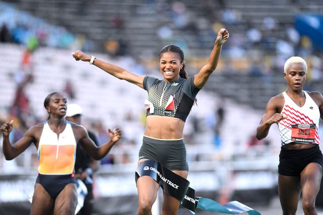 <p>Gabby Thomas tops the women's Long Sprint standings after day one in Kingston</p>