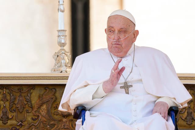 <p>The Pope appeared on stage in a wheelchair and waved to the crowds before speaking</p>