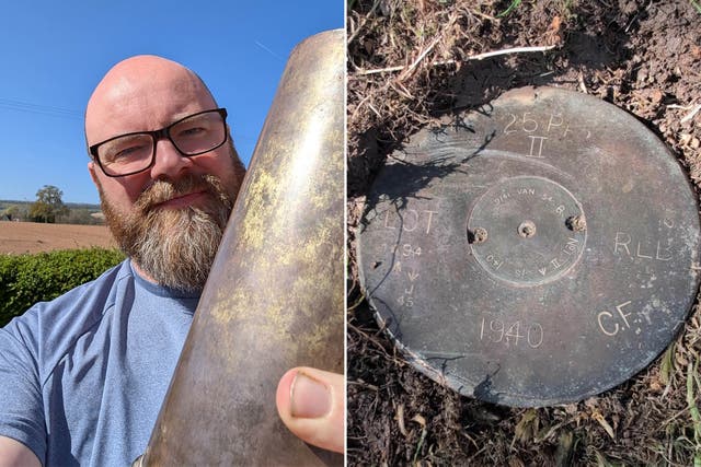 <p>Ross Miller with his 1940s bombshell, found in his garden while he was mowing the lawn</p>