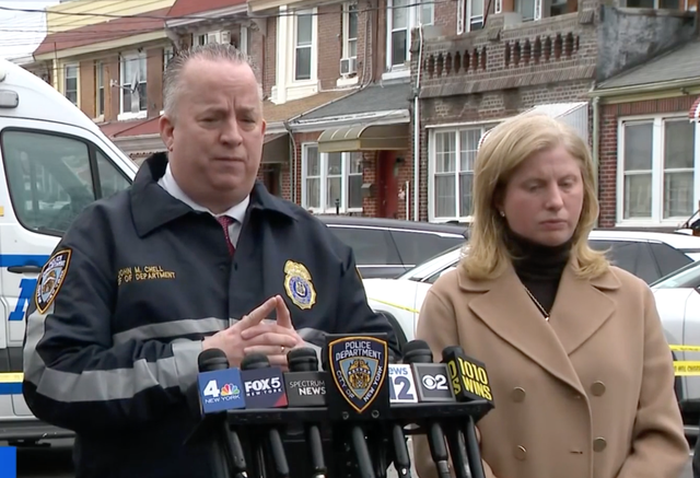 <p>New York Police Department Chief John Chell and New York Police Department Commissioner Jessica Tisch during a press briefing at a Brooklyn home where a man attacked four young girls with a meat cleaver on April 6, 2025</p>