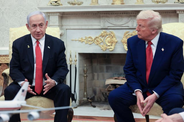 <p>U.S. President Donald Trump meets with Israeli Prime Minister Benjamin Netanyahu in the Oval Office at the White House</p>
