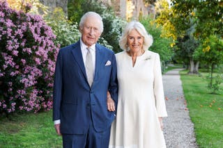 Charles and Camilla posing for a portrait next to the Neronian spur of the Aqua Claudia at Villa Wolkonsky in Rome (Chris Jackson/Getty Images for Buckingham Palace)
