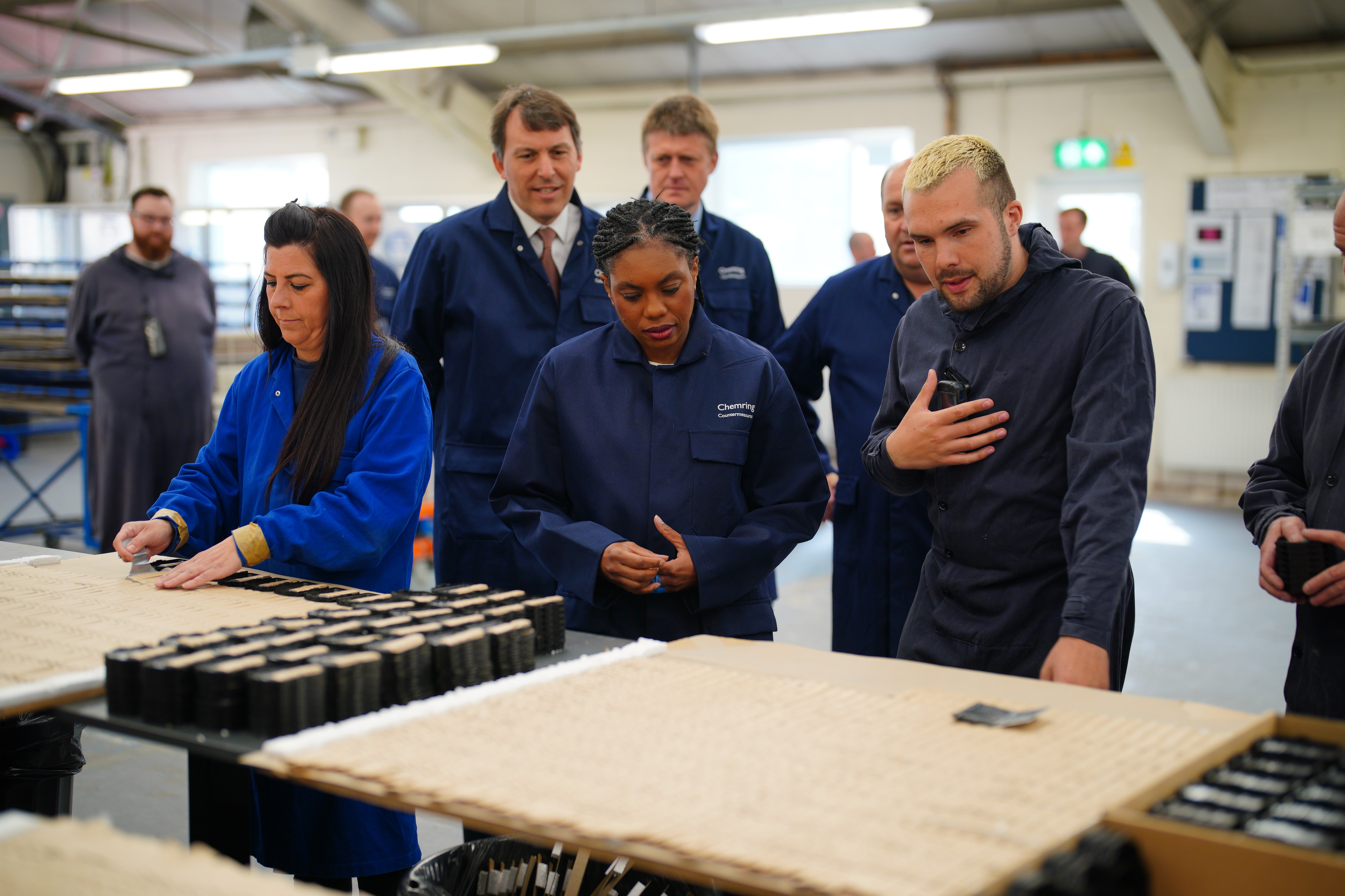 Conservative party leader Kemi Badenoch meeting staff during her visit to Chemring Countermeasurers Ltd in Salisbury while on the local election campaign trail on Tuesday