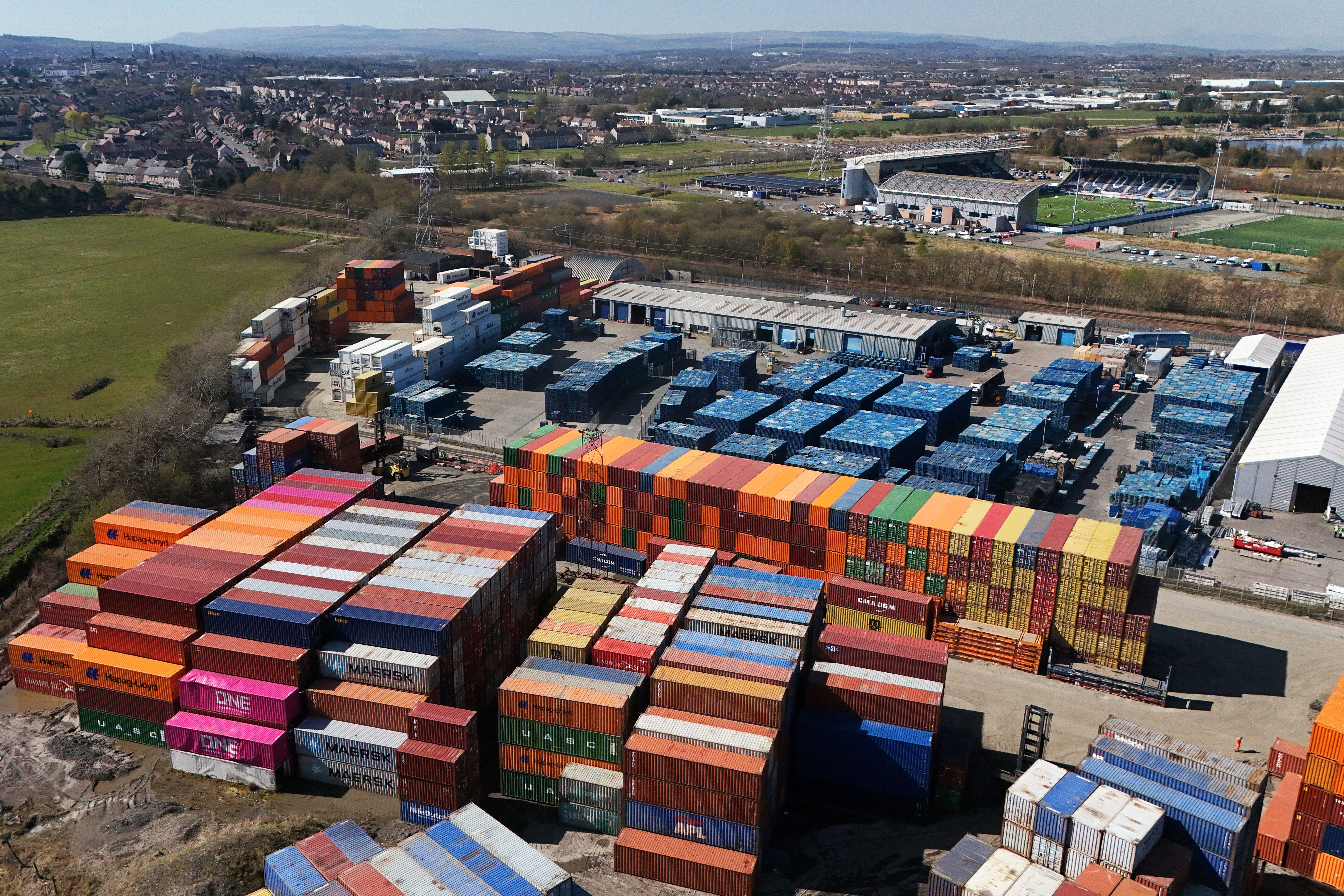Hundreds of shipping containers at the Grangemouth Terminal near Falkirk ahead of the next stage of the US president’s tariff programme coming into force (Jane Barlow/PA)