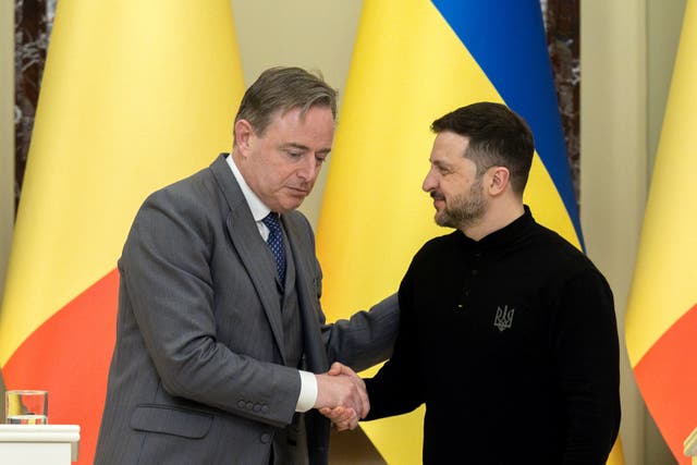 <p>File - Belgium’s Bart De Wever (pictured L, with Zelensky) says Belgium cannot risk having to pay the full amount back in the event of a legal challenge</p>