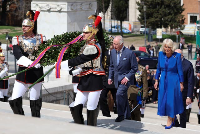 <p>King Charles III and Queen Camilla visit the Tomb of the Unknown Soldier during day two of King Charles III and Queen Camilla's State visit to The Republic of Italy on April 8, 2025 in Rome, Italy. </p>