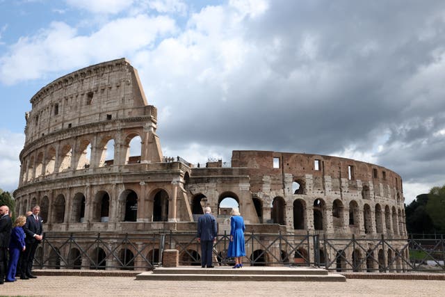 Charles and Camilla at the Colosseum in Rome (Phil Noble/PA)