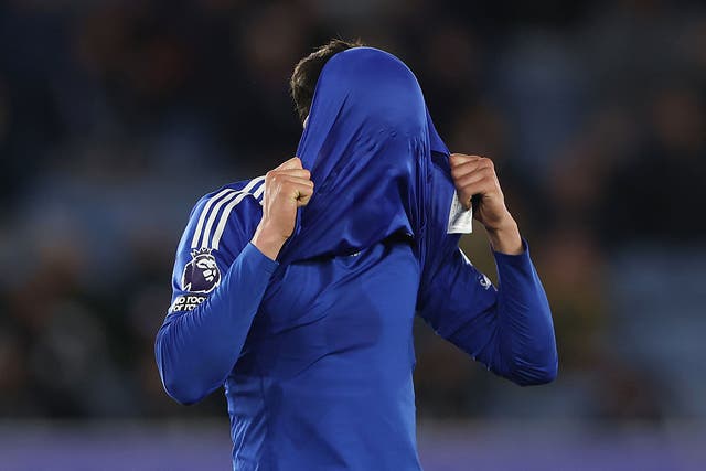 <p>Facundo Buonanotte of Leicester City pulls his shirt over his head during the defeat to Newcastle</p>