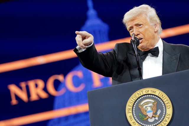 <p>President Donald Trump speaks as he attends the National Republican Congressional Committee (NRCC) dinner at the National Building Museum in Washington, D.C.</p>