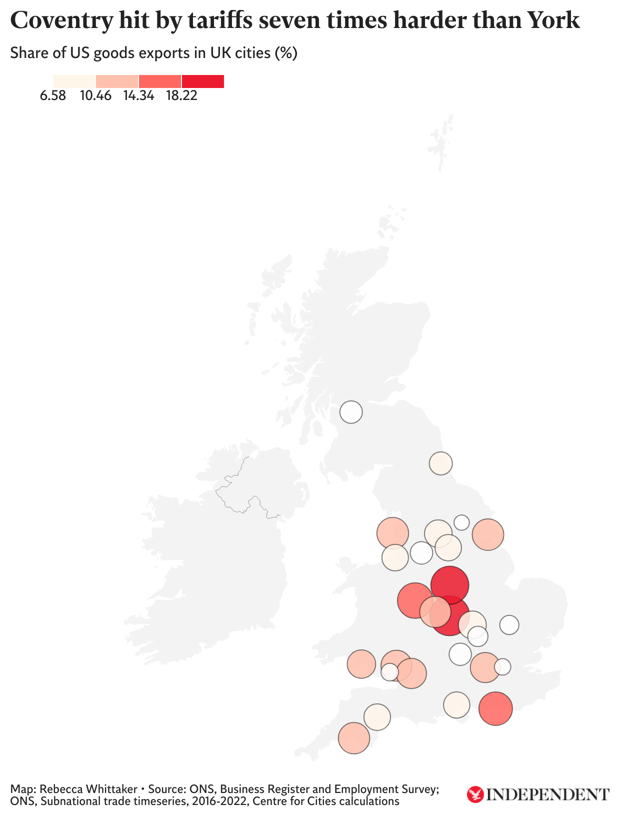 <p>Map shows the percentage of goods exported to the US in UK cities</p>