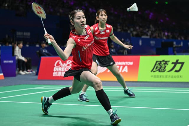 <p>Chiharu Shida strikes a return as she and Nami Matsuyama play against Mizuki Otake and Miyu Takahashi on 9 April 2025</p>