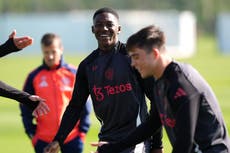 Kobbie Mainoo trains with his Manchester United team-mates ahead of Lyon trip