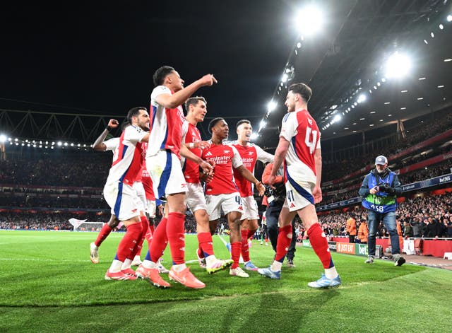 <p>Declan Rice of Arsenal celebrates scoring his team’s first goal with teammates</p>