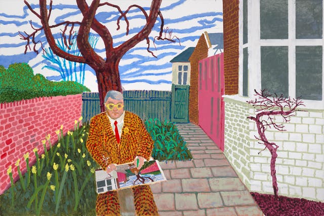 <p>David Hockney: ‘Play Within a Play Within a Play and Me with a Cigarette’ (2024-2025). Acrylic and collage on canvas</p>