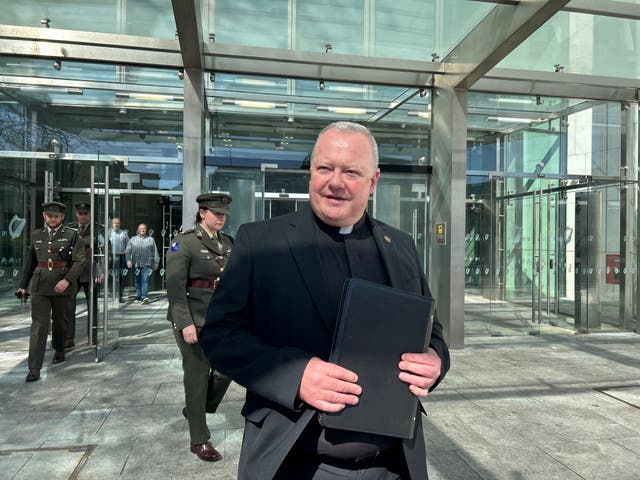 <p>Fr Paul Murphy outside the Central Criminal Court in Dublin after giving a victim impact statement in a sentencing hearing for a boy who stabbed him</p>