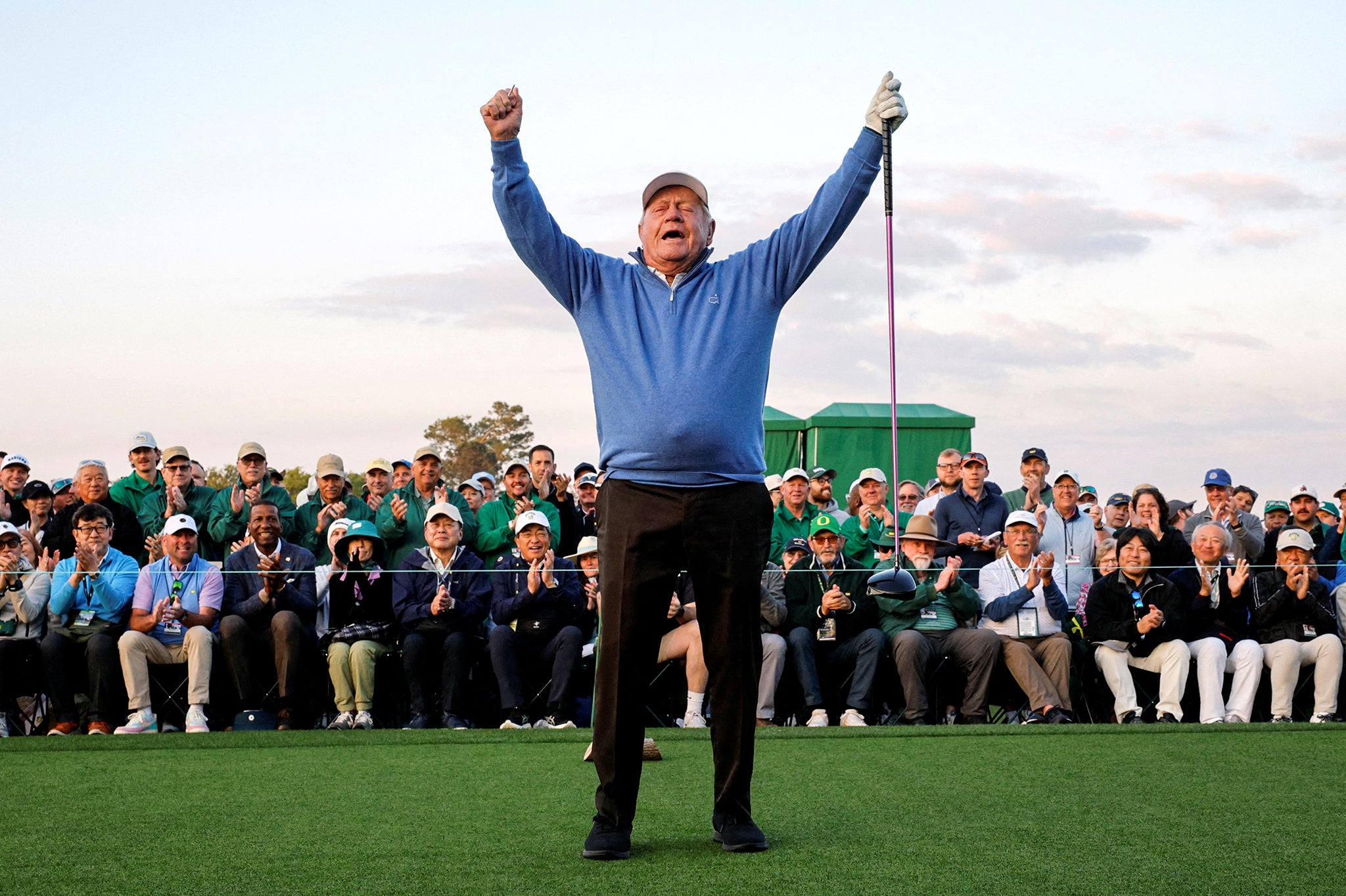 Jack Nicklaus of the U.S. reacts during the ceremonial tee off at The Masters at Augusta National Golf Club on April 10, 2025