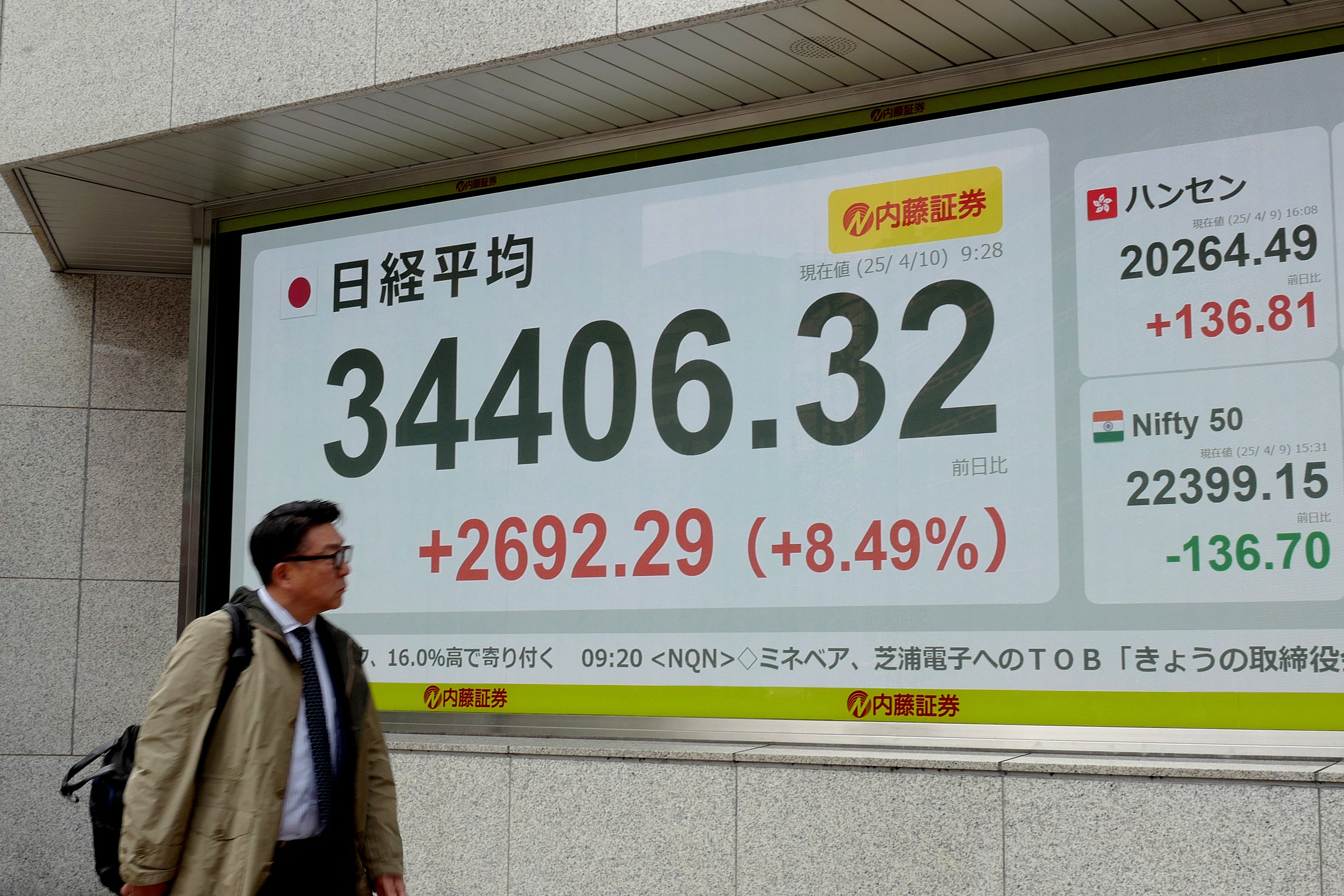 A man looks at an electronic board showing the numbers of the Nikkei Stock Average on the Tokyo Stock Exchange