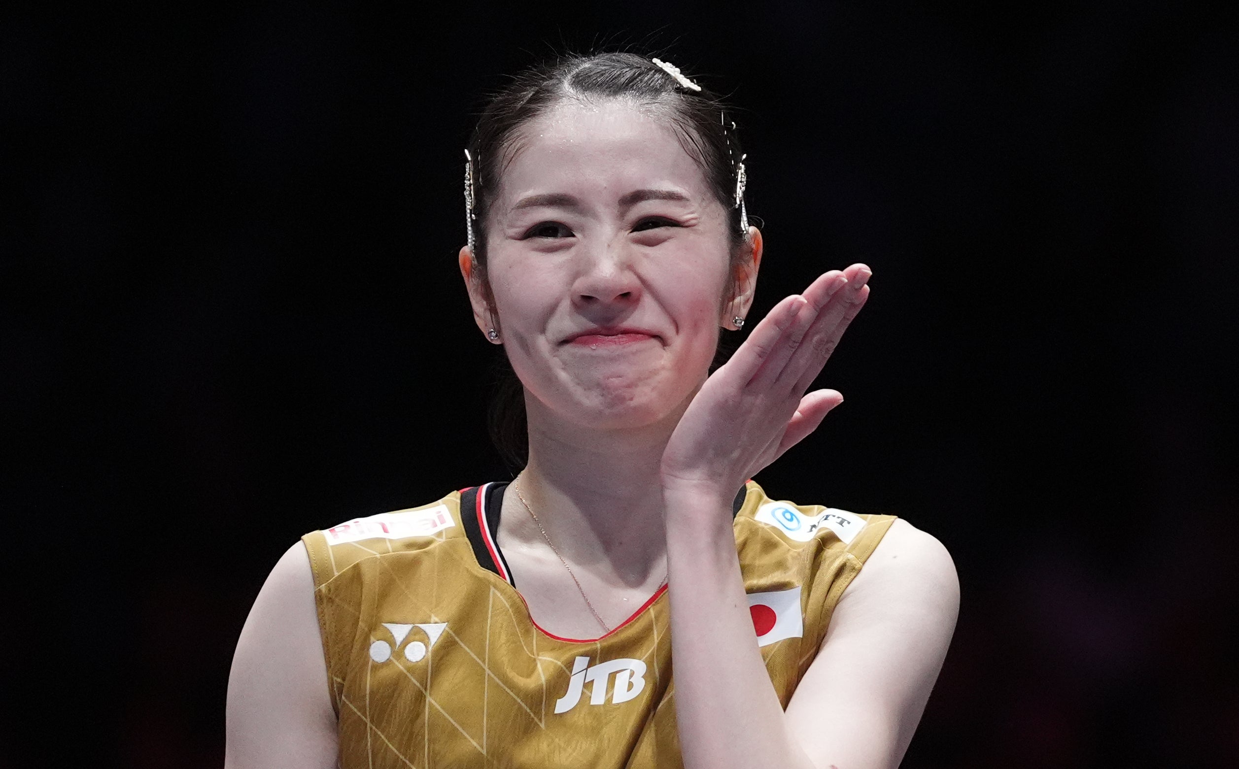 <p>Japan's Chiharu Shida reacts during her match with team mate Nami Matsuyama against Japan's Mayu Matsumoto and Yuki Fukushima on 16 March 2025</p>