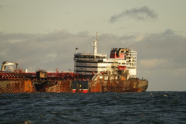 The US oil tanker MV Stena Immaculate which was struck by the Solong container ship, in the Humber Estuary, off the east coast of Yorkshire (Danny Lawson/PA)