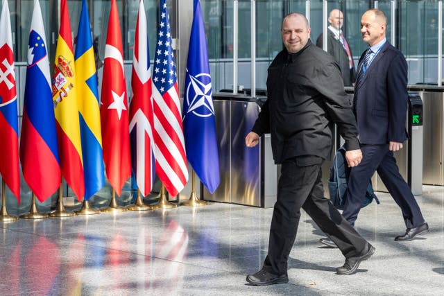<p>Ukraine's Defense Minister Rustem Umerov arrives for a coalition of the willing defence ministers meeting at NATO headquarters in Brussels, Belgium, Thursday, April 10, 2025. (AP Photo/Geert Vanden Wijngaert)</p>