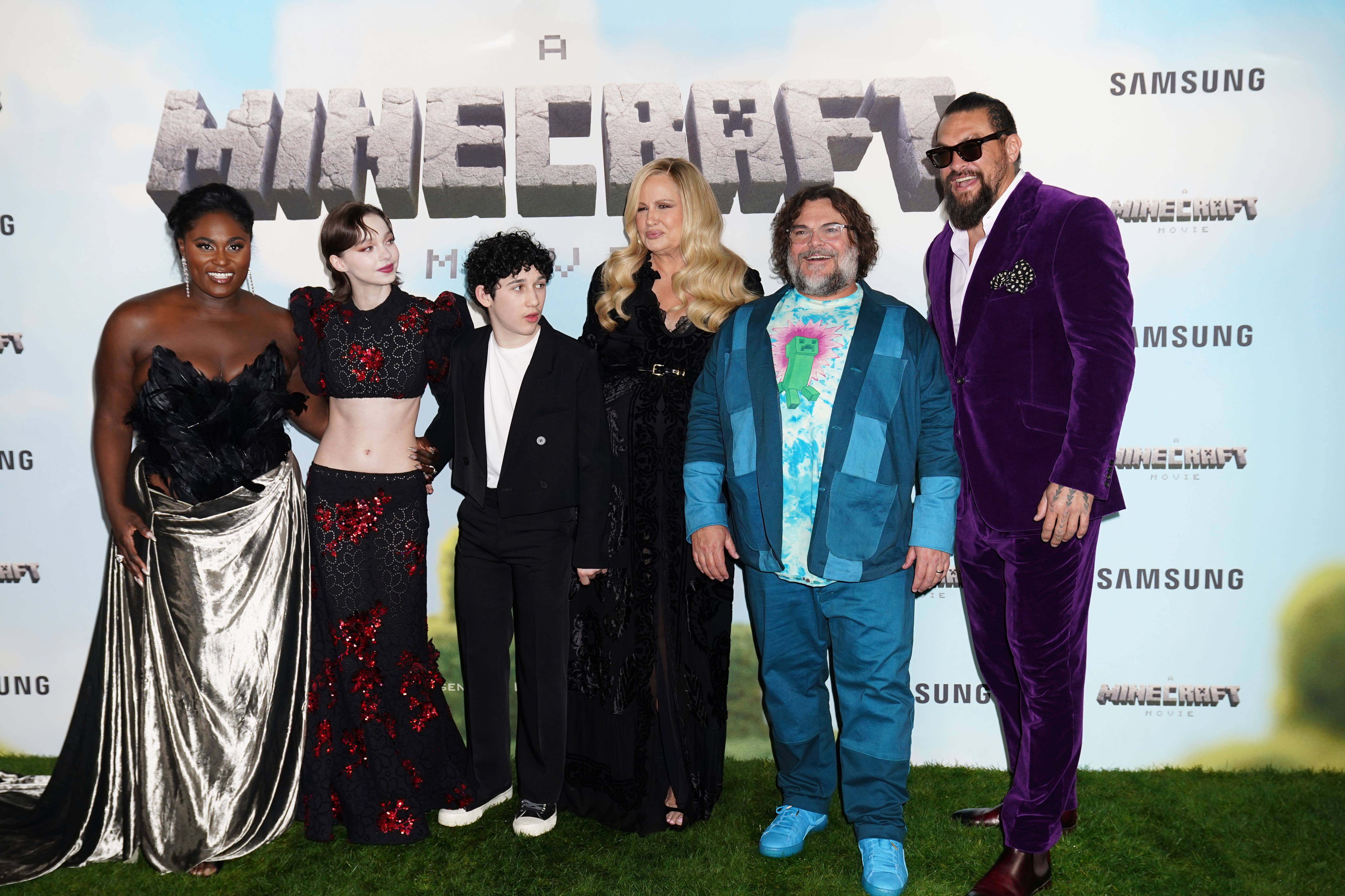 Cast (left to right) Danielle Brooks, Emma Myers, Sebastian Hansen, Jennifer Coolidge, Jack Black and Jason Momoa at the world premiere of A Minecraft Movie in London (Ben Whitley/PA)