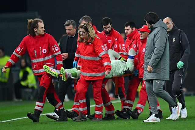 <p>Mike Maignan was stretchered off against Udinese</p>