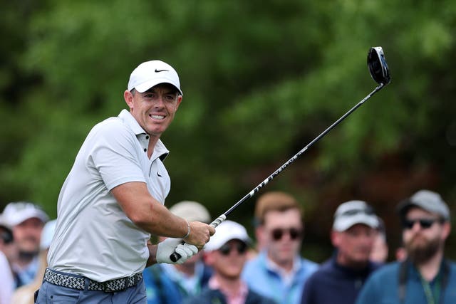 <p>Rory McIlroy of Northern Ireland reacts to his shot from the fifth tee during the third round of the 2025 Masters Tournament at Augusta National Golf Club on April 12, 2025 in Augusta, Georgia. (Photo by Michael Reaves/Getty Images)</p>