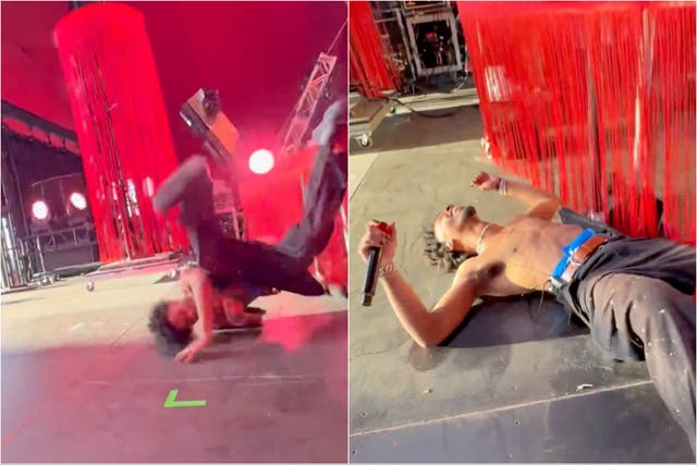 <p>Singer d4vd faceplants at Coachella</p>