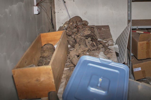 <p>Sudan Looted Mummy coffins lie destroyed on the ground at the Sudan National Museum, the home to the country's largest artifacts that date to different eras of Sudanese history, after nearly two years of war between the army and paramilitary Rapid Support Forces (RSF), in Khartoum, Sudan, Thursday, April 3, 2025. (AP Photo/Khaled Abd Al Gader)</p>