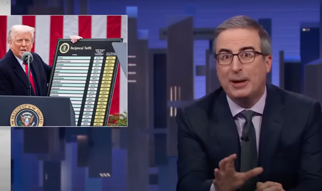 <p>John Oliver discusses Donald Trump's tariff rowback on HBO's Last Week Tonight on Sunday April 13 2025</p>