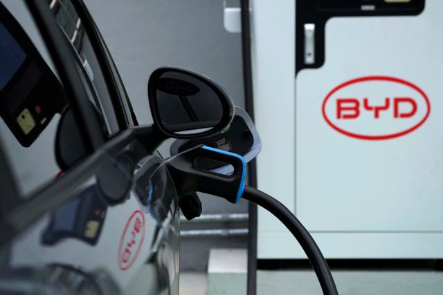 <p>File. A BYD electric vehicle charges at a dealership in Camacari, Brazil, on 7 March 2025</p>