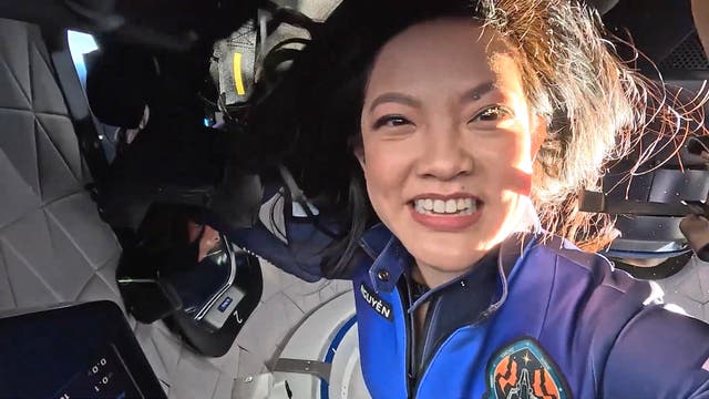 <p>Activist Amanda Nguyen poses for a selfie shot inside the New Shepard crew capsule</p>