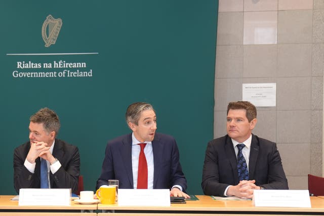 Minister for Finance Paschal Donohoe, Tanaiste Simon Harris and Minister for Enterprise Peter Burke during the Government Trade Forum (PA)
