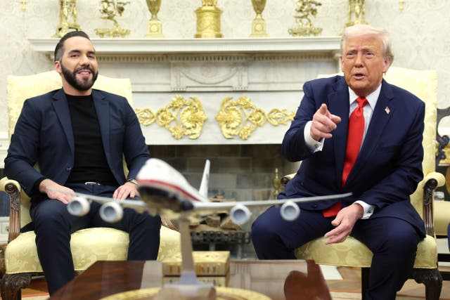 <p>President Donald Trump speaks during a meeting with El Salvador's President Nayib Bukele, who reportedly plans to double the size of a notorious prison where U.S. deportees are being held</p>