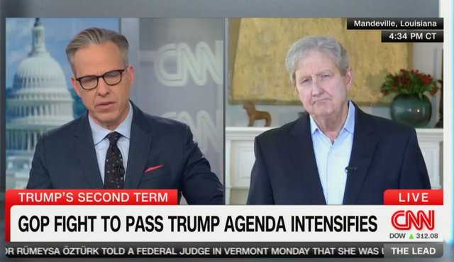 <p>CNN anchor Jake Tapper interviews Louisiana Republican Senator John Kennedy on Monday April 14 2025</p>