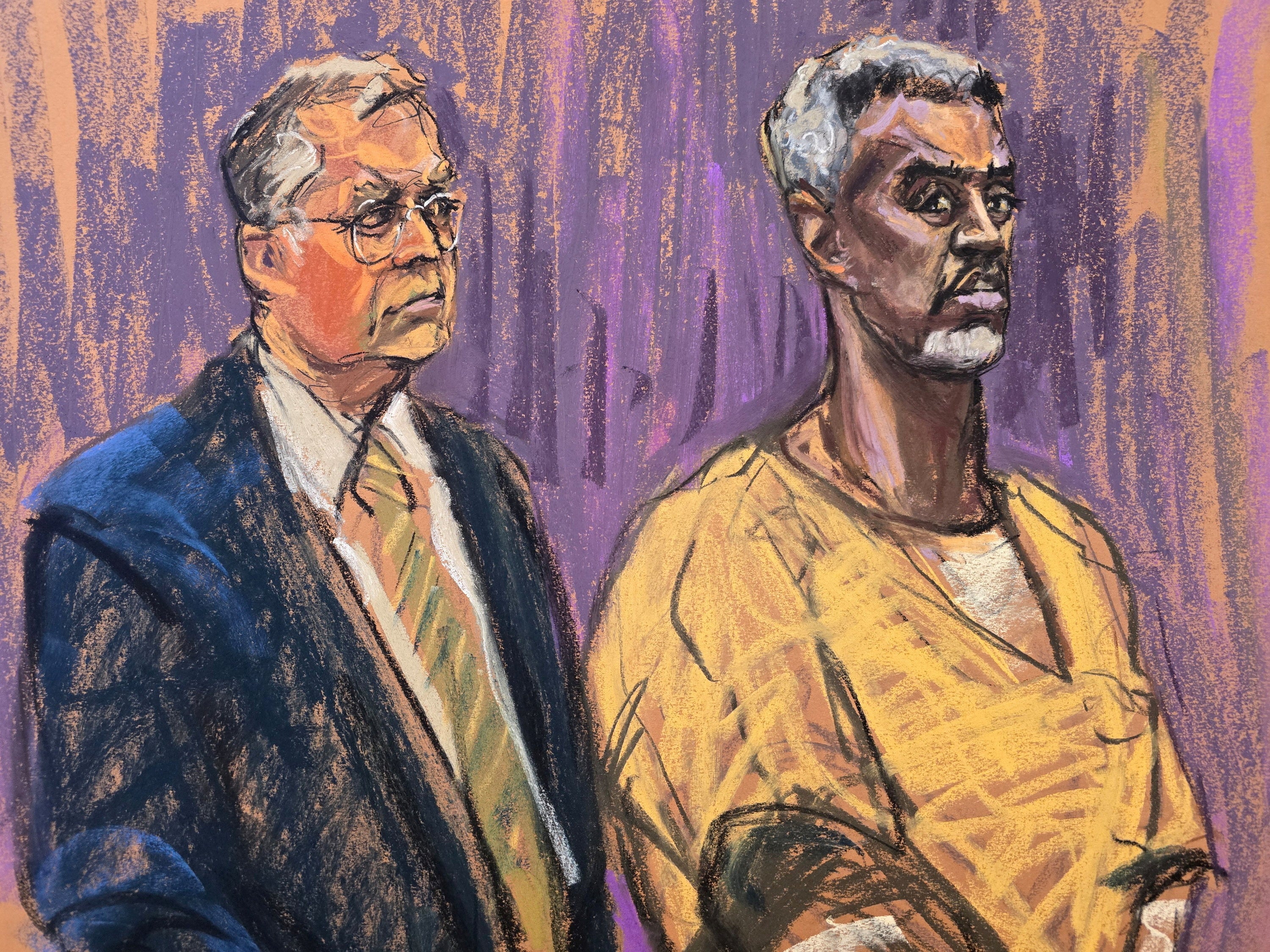 Diddy, depicted alongside his lawyer, Marc Agnifilo, in a courtroom sketch