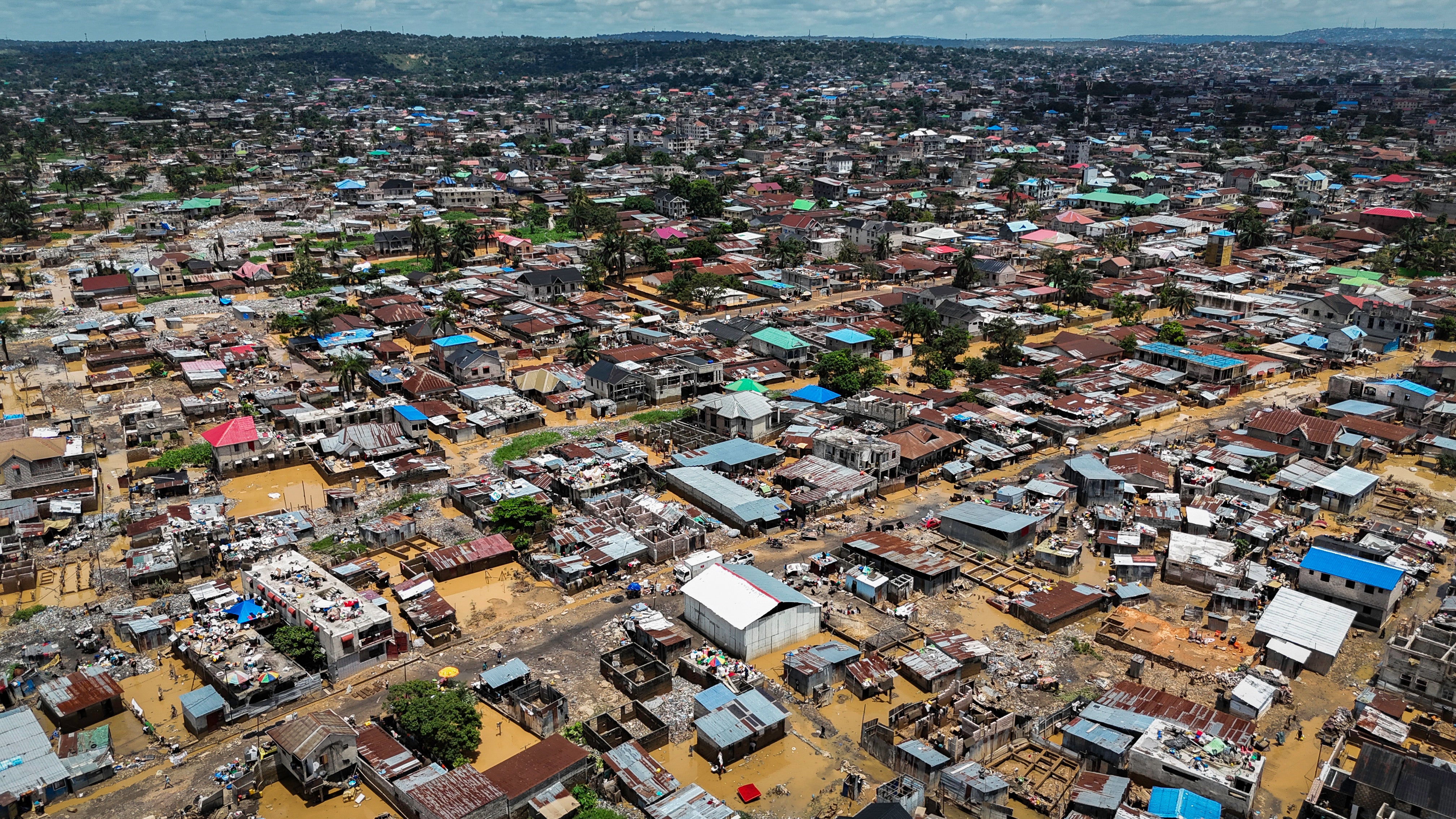 An aerial photo of floods that hit Kinshasa in April 2025. Climate-driven shocks such as this impact food security by disrupting supply systems and limiting people’s ability to earn an income