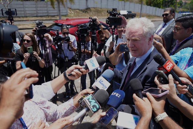 <p>Chris Van Hollen surrounded by reporters in El Salvador on Wednesday April 16 2025</p>