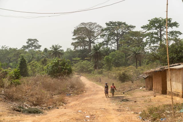 Two women walk along a road into the cocoa farming village of Douele, in the Bafing-Tonkpi region, Ivory Coast in February 2025 (Chris Terry/Fairtrade)
