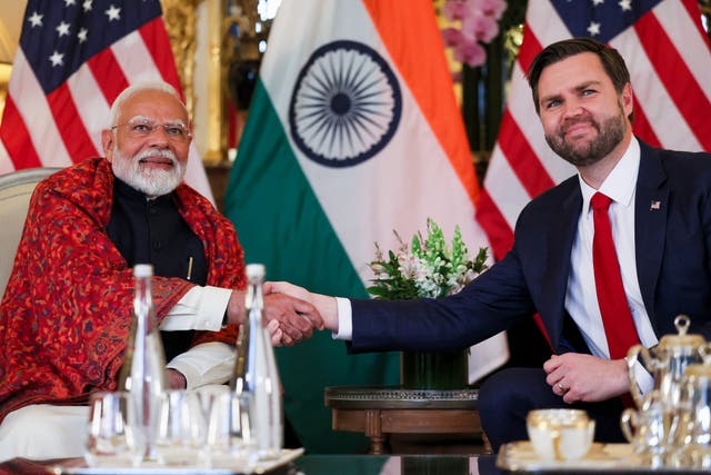 <p>JD Vance and  Indian prime minister Narendra Modi shake hands during a bilateral meeting in Paris</p>
