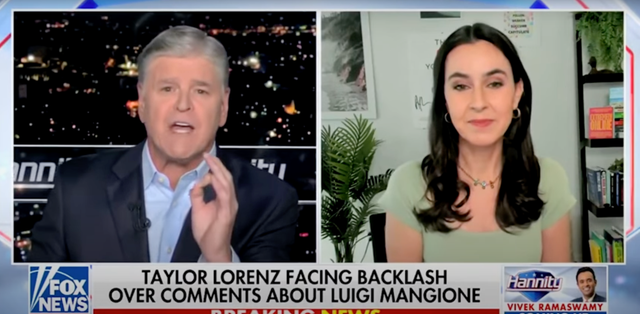 <p>Fox News host Sean Hannity (left) has grilled Taylor Lorenz over her alleged glamorisation and praise of accused United CEO healthcare Luigi Mangione</p>