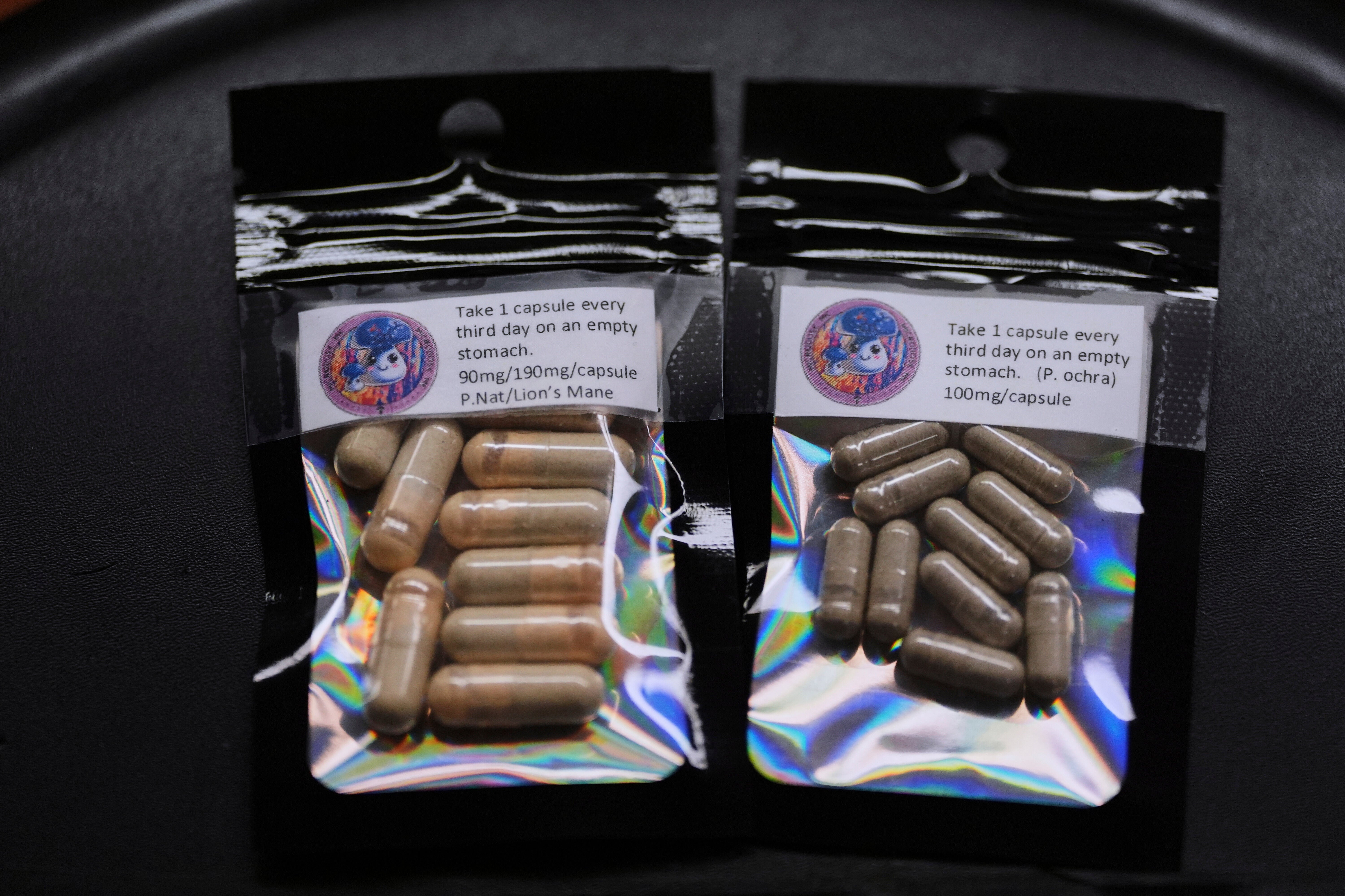 Capsules for microdosing psilocybin made by Marine Corps combat veteran Matt Metzger are pictured Wednesday, March 26, 2025, in Olympia, Wash